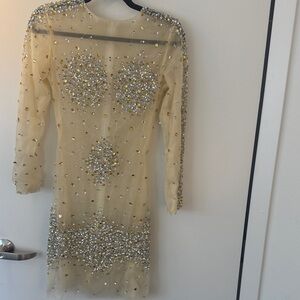 Embellished Long Sleeve Nude Illusion Dress with Crystal Detail